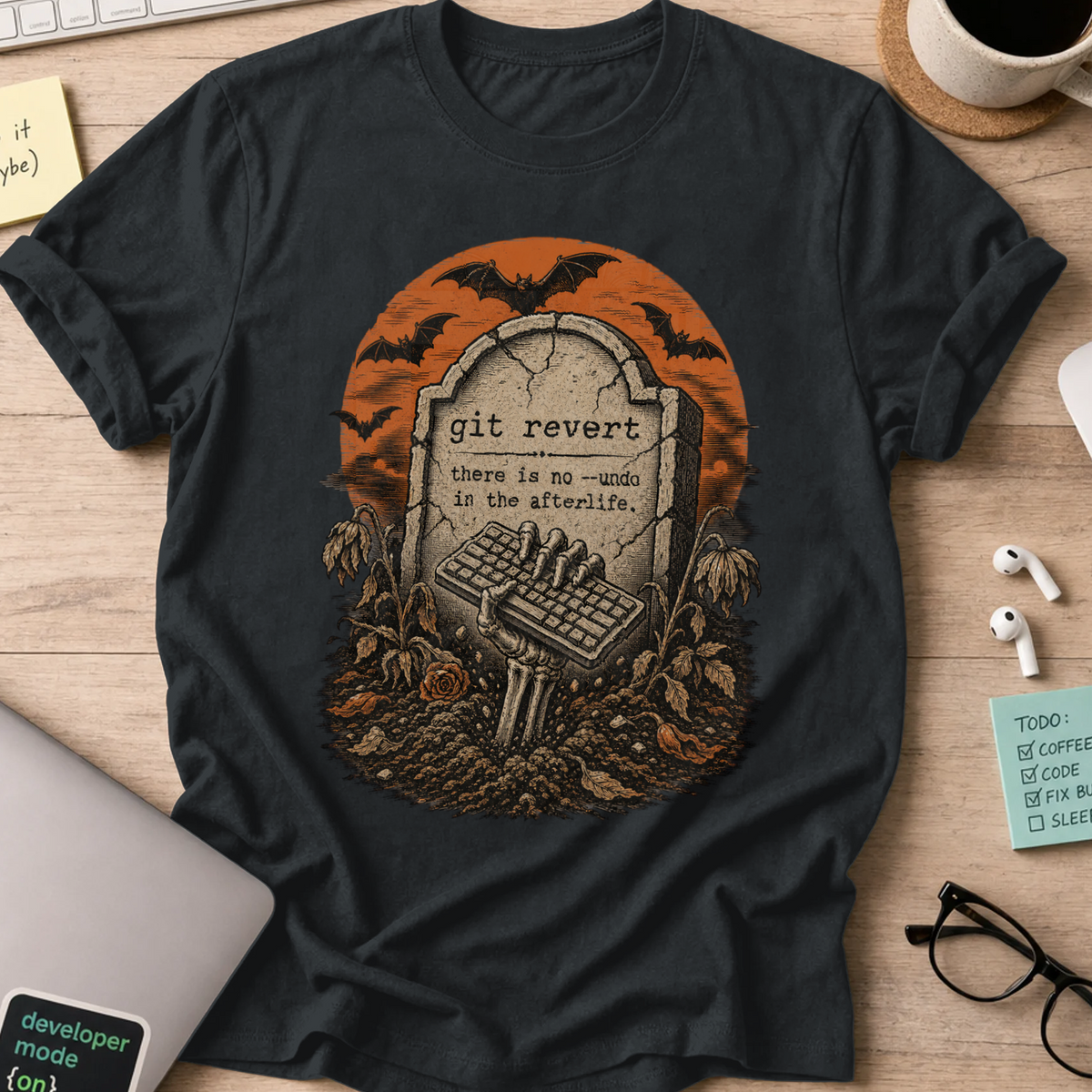 Git Revert: No Undo in the Afterlife Shirt — Black storefront mockup
