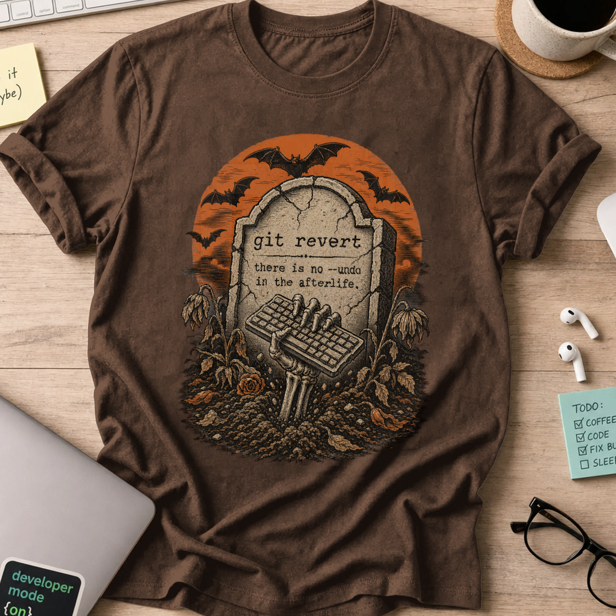 Git Revert: No Undo in the Afterlife Shirt — Dark Chocolate storefront mockup
