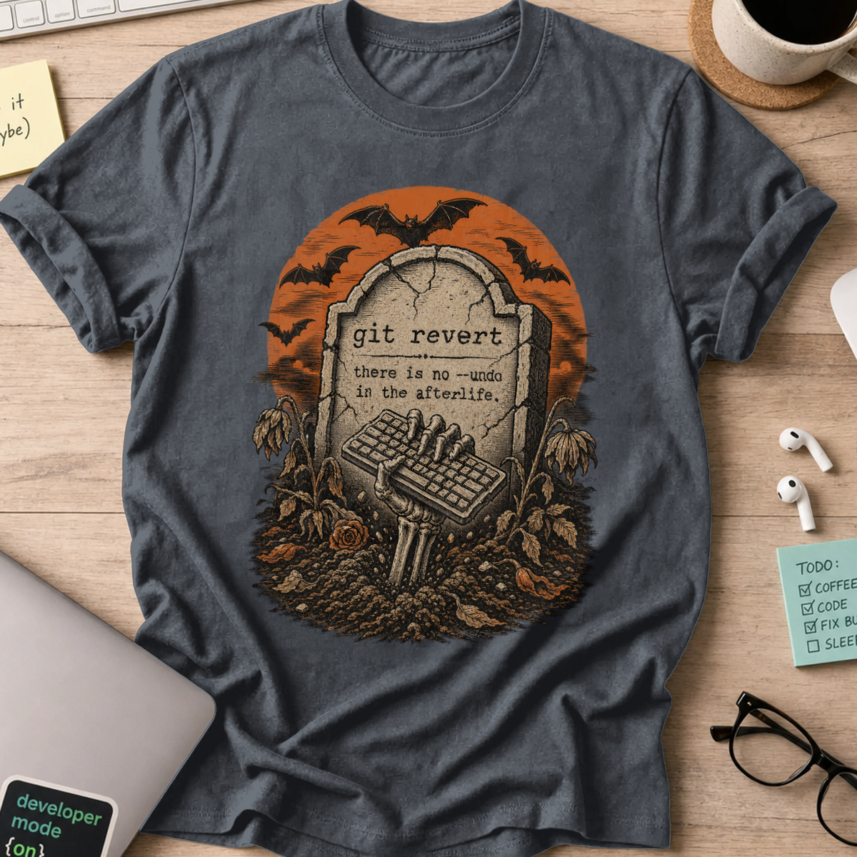 Git Revert: No Undo in the Afterlife Shirt — Dark Heather storefront mockup