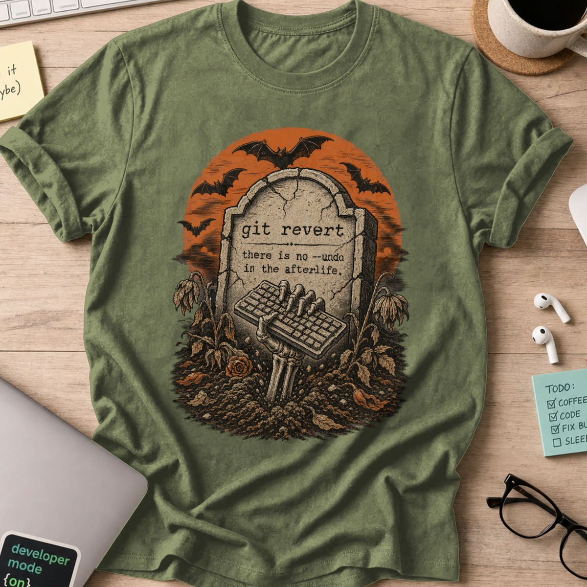Git Revert: No Undo in the Afterlife Shirt — Military Green storefront mockup