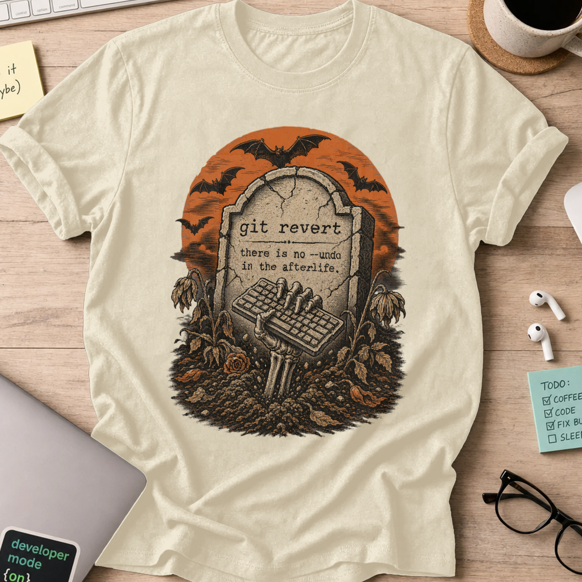 Git Revert: No Undo in the Afterlife Shirt — Natural storefront mockup