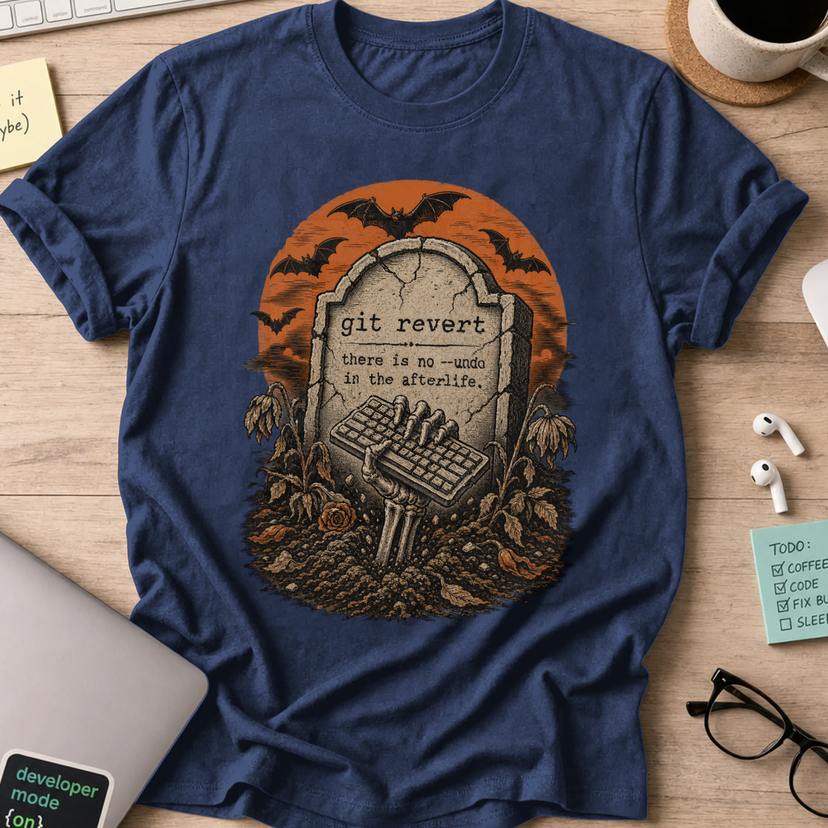 Git Revert: No Undo in the Afterlife Shirt — Navy storefront mockup