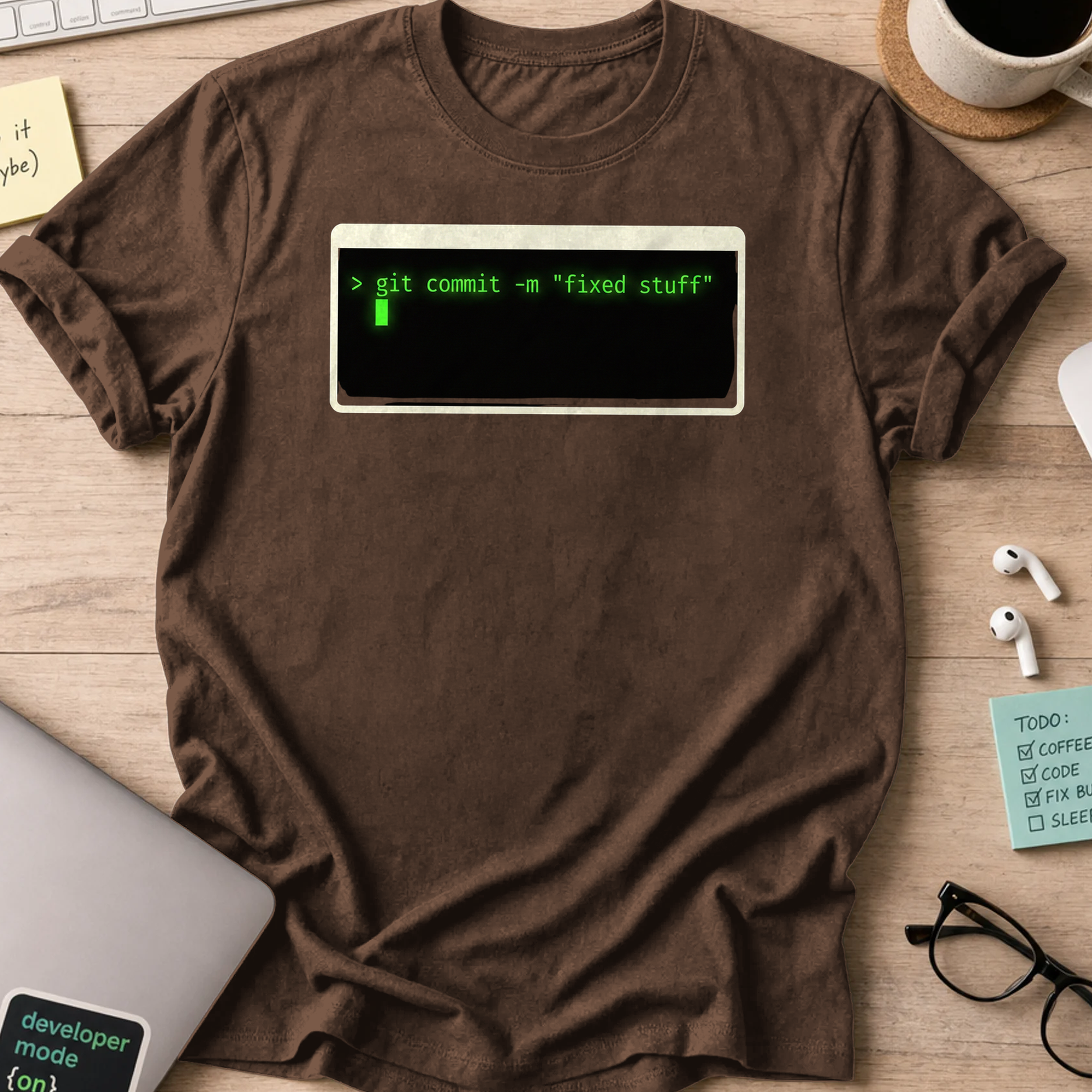 git commit -m "fixed stuff" shirt - Dark Chocolate