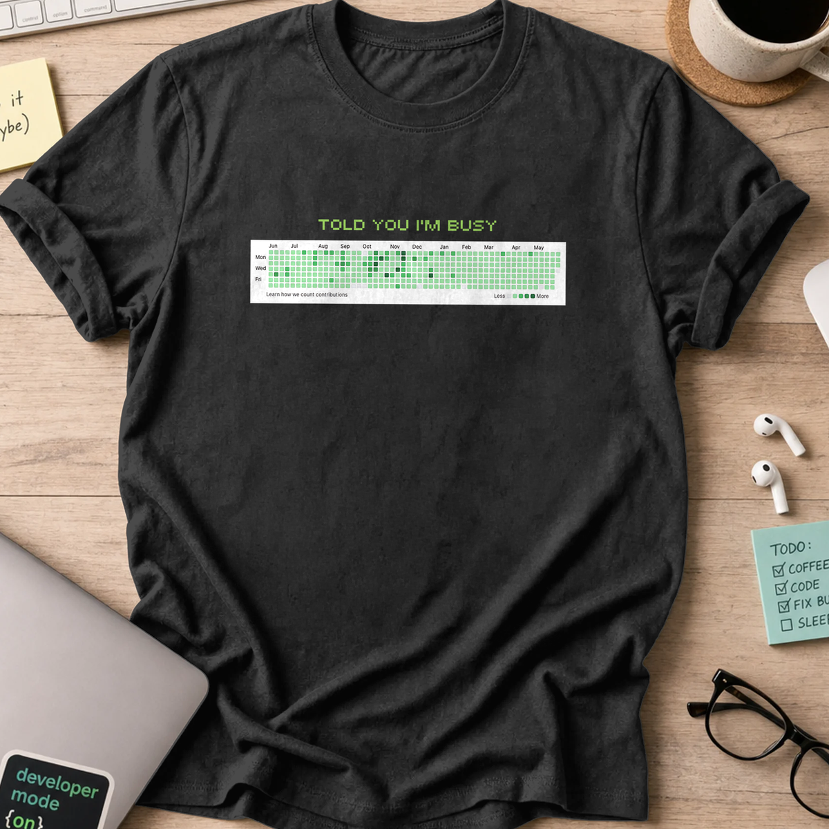 Black programmer shirt printed with "github busy proof", a funny developer t-shirt and coding gift for software engineers and coders.