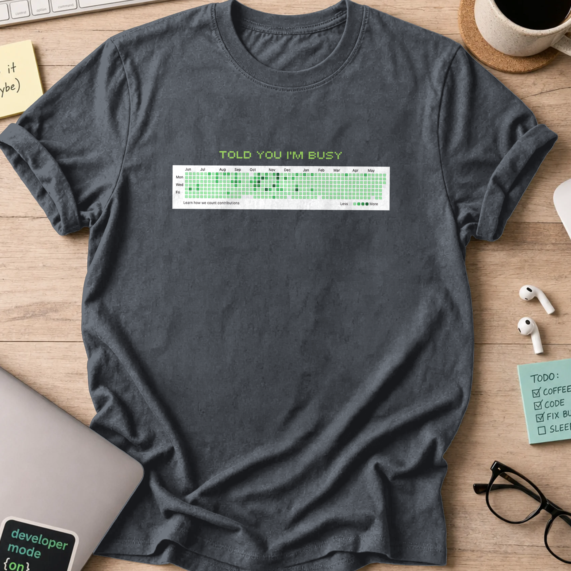 Dark Heather Grey programmer shirt printed with "github busy proof", a funny developer t-shirt and coding gift for software engineers and coders.