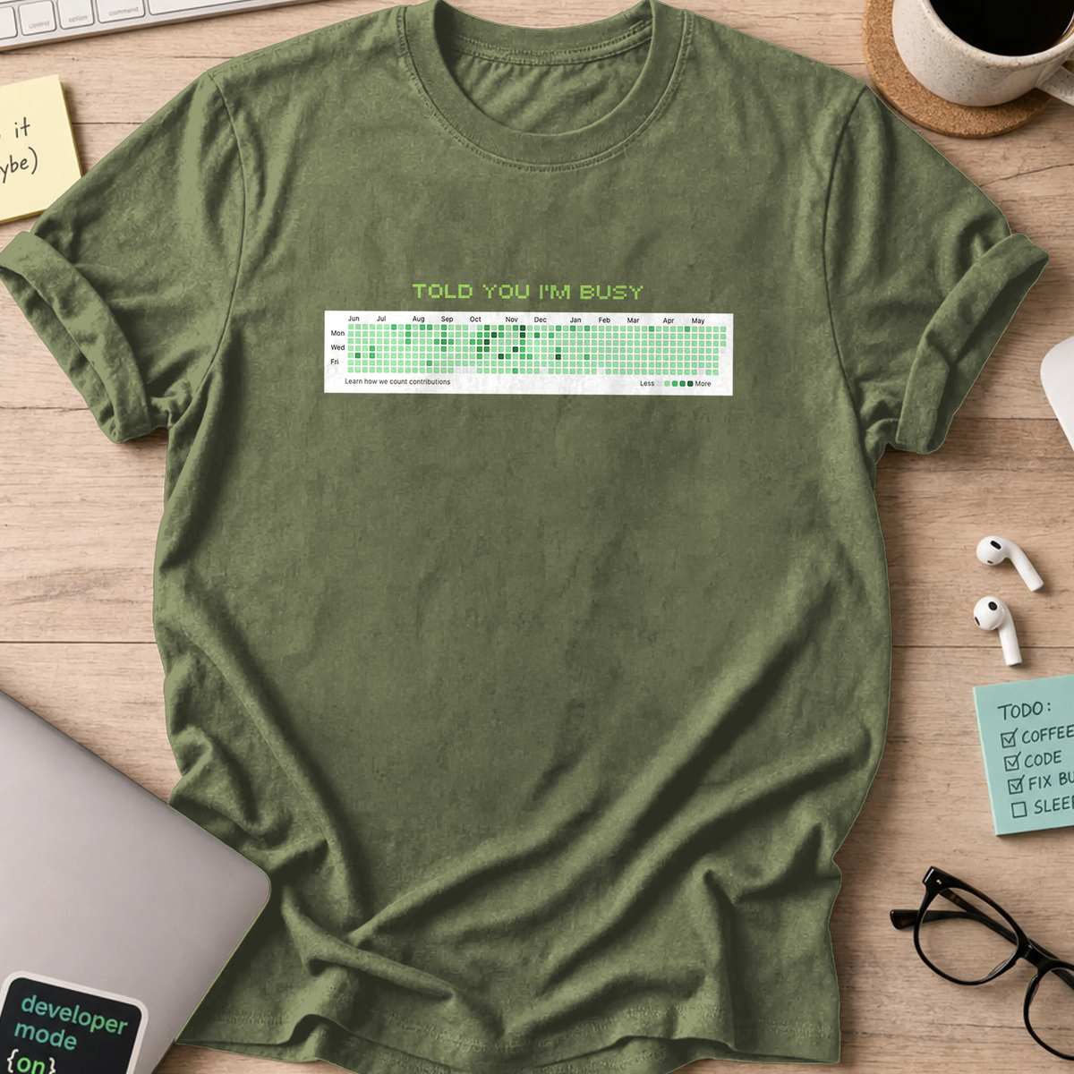 Military Green programmer shirt printed with "github busy proof", a funny developer t-shirt and coding gift for software engineers and coders.
