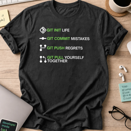 Black programmer shirt printed with "git in your life", a funny developer t-shirt and coding gift for software engineers and coders.