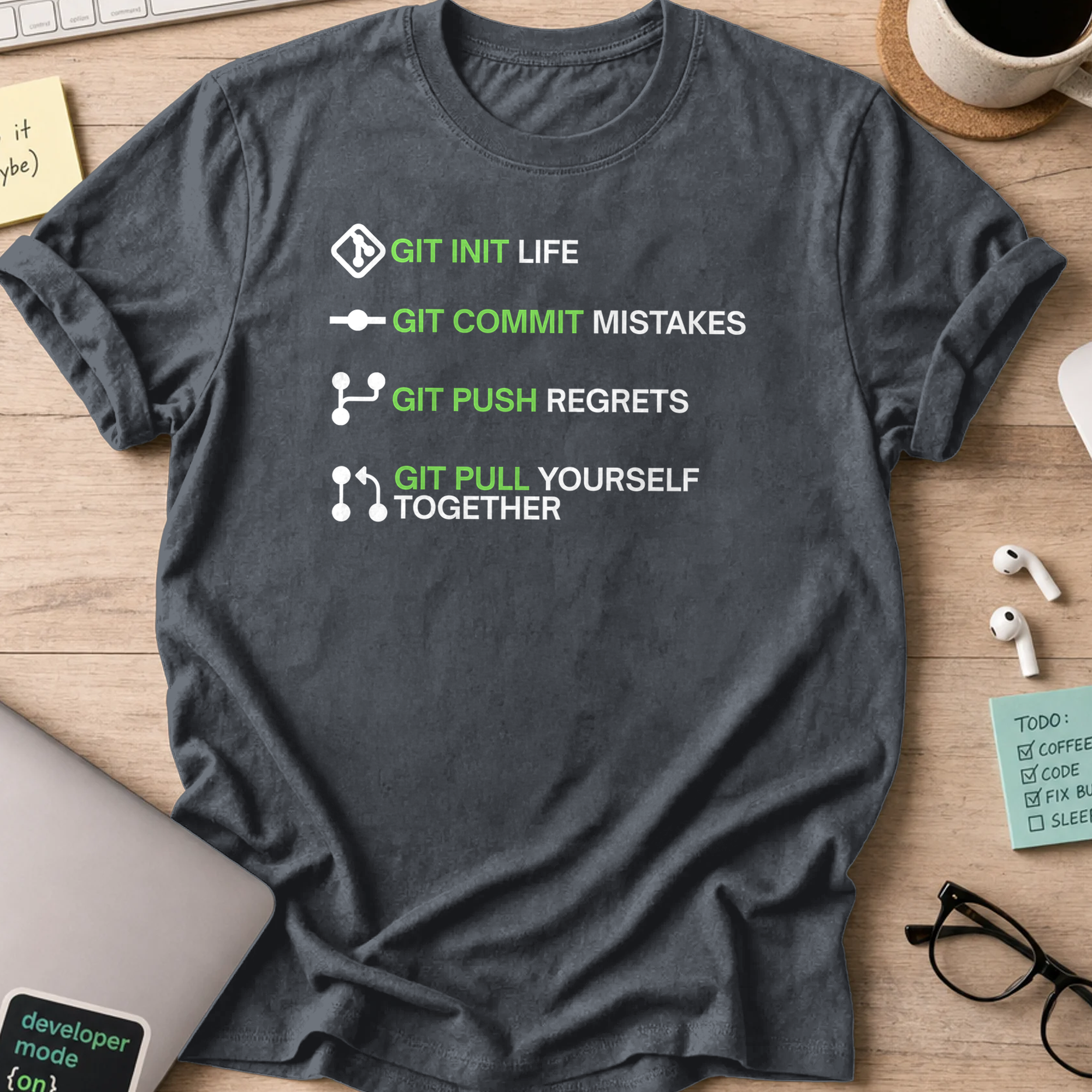 Dark Heather Grey programmer shirt printed with "git in your life", a funny developer t-shirt and coding gift for software engineers and coders.