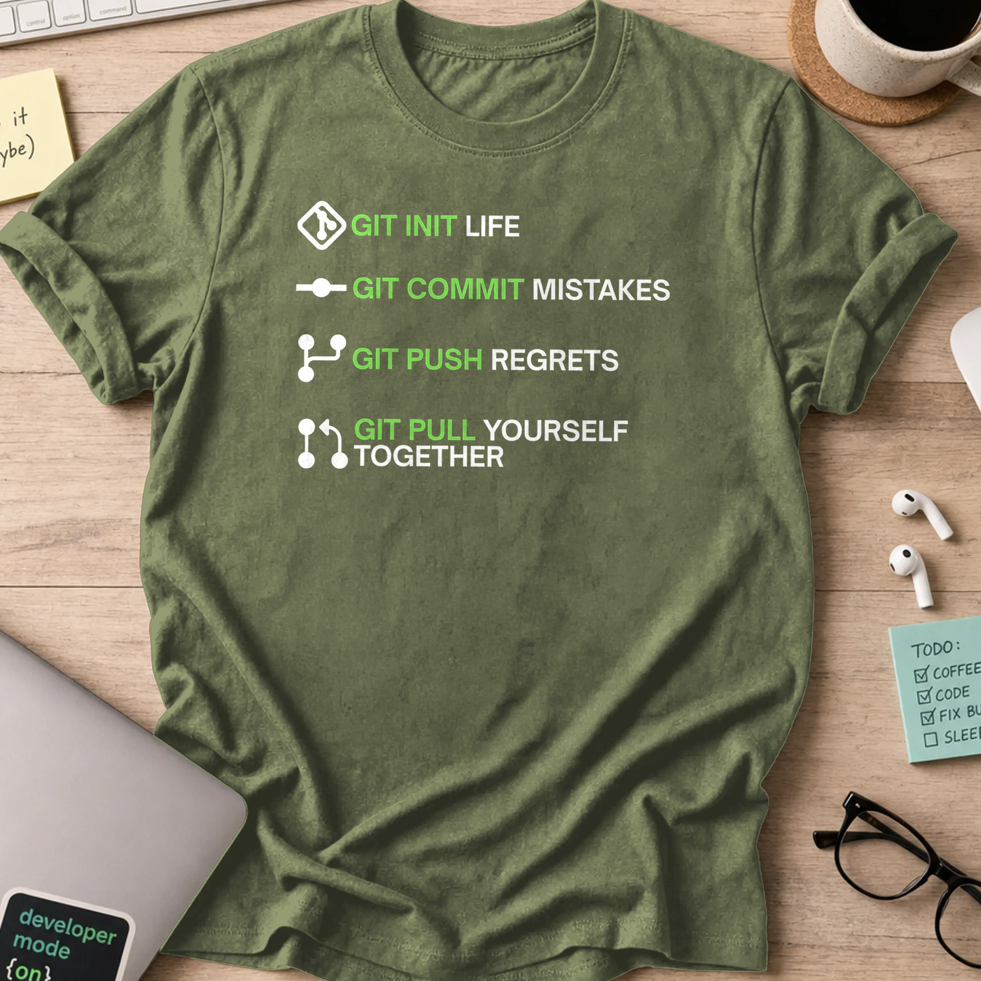 Military Green programmer shirt printed with "git in your life", a funny developer t-shirt and coding gift for software engineers and coders.