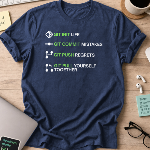 Navy programmer shirt printed with "git in your life", a funny developer t-shirt and coding gift for software engineers and coders.