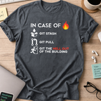 Dark Heather Grey programmer shirt printed with "GIT the hell out", a funny developer t-shirt and coding gift for software engineers and coders.