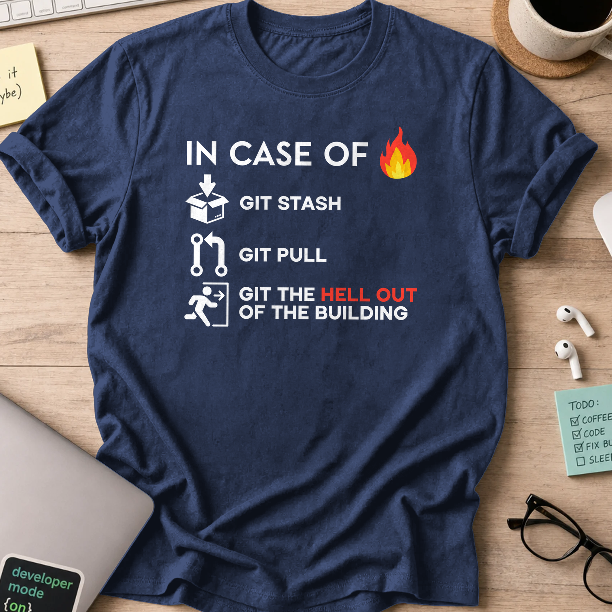 Navy programmer shirt printed with "GIT the hell out", a funny developer t-shirt and coding gift for software engineers and coders.