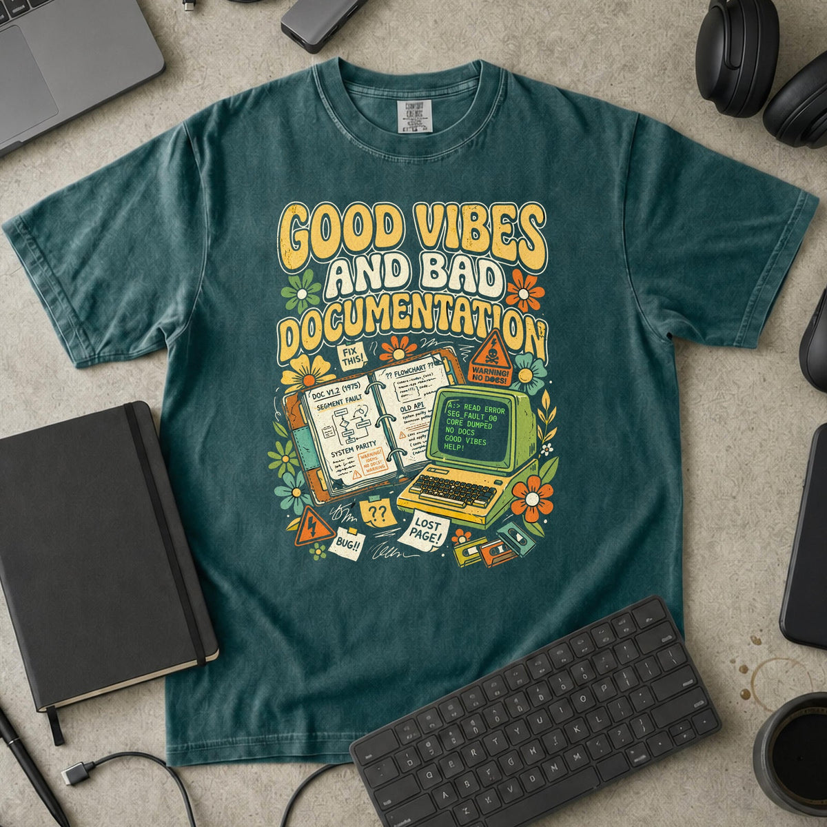 Good Vibes And Bad Documentation Premium Shirt — blue spruce Premium Shirt mock-up
