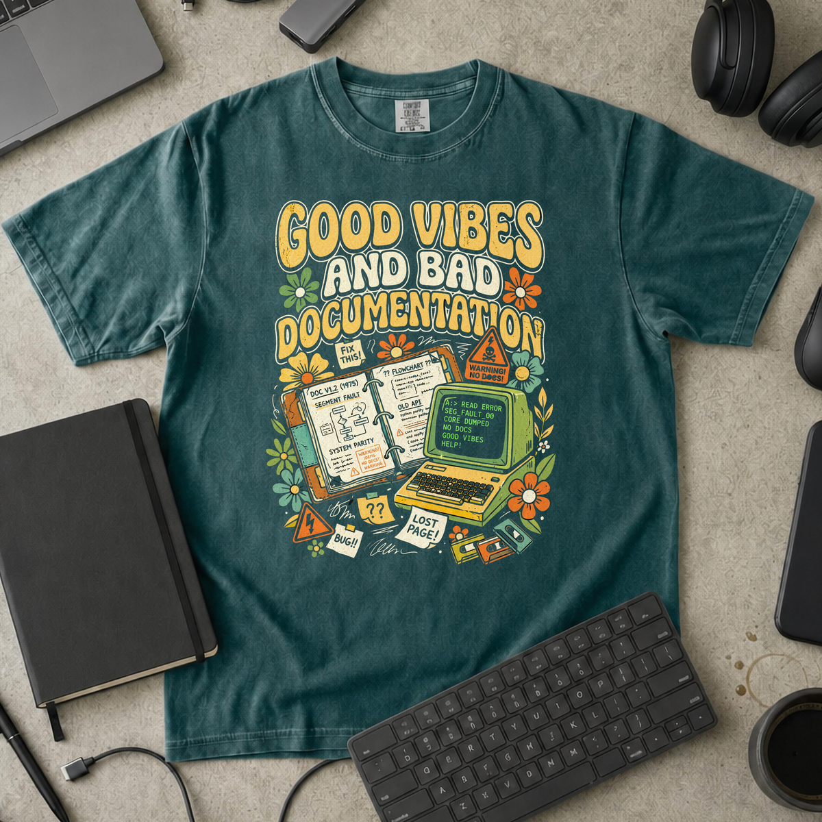 Good Vibes And Bad Documentation Premium Shirt — blue spruce Premium Shirt mock-up