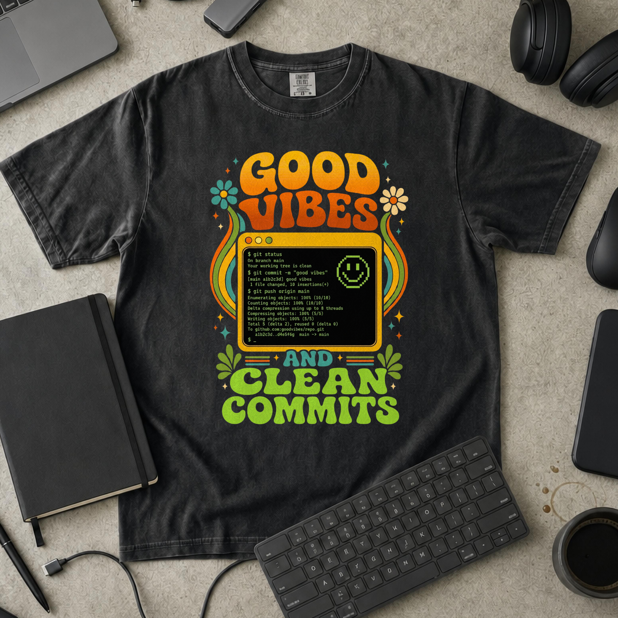 Good Vibes And Clean Commits Premium Shirt — black Premium Shirt mock-up