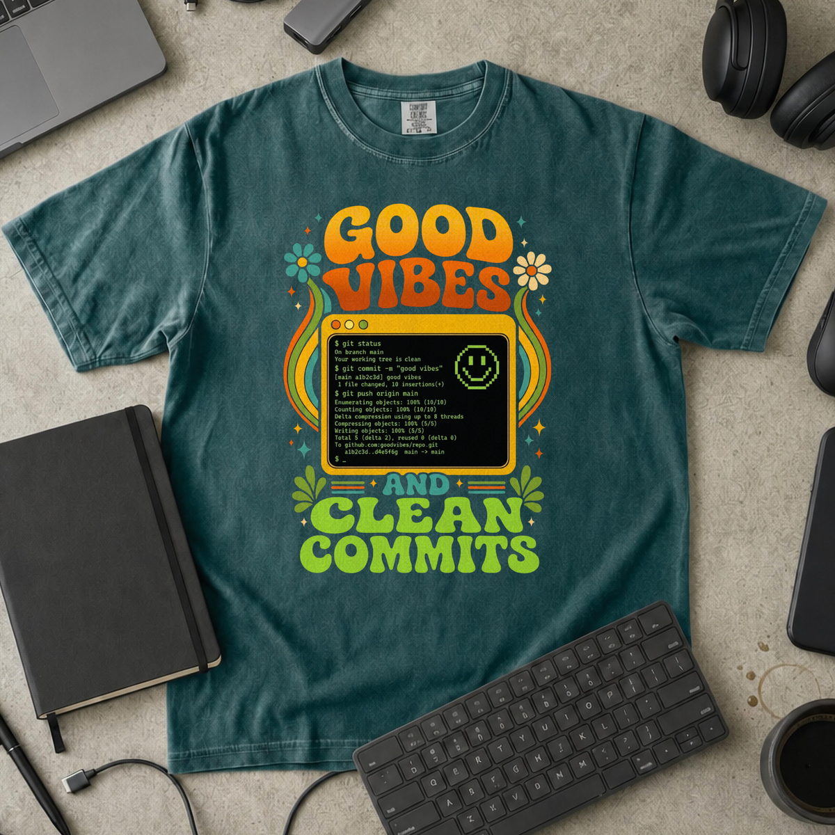 Good Vibes And Clean Commits Premium Shirt — blue spruce Premium Shirt mock-up