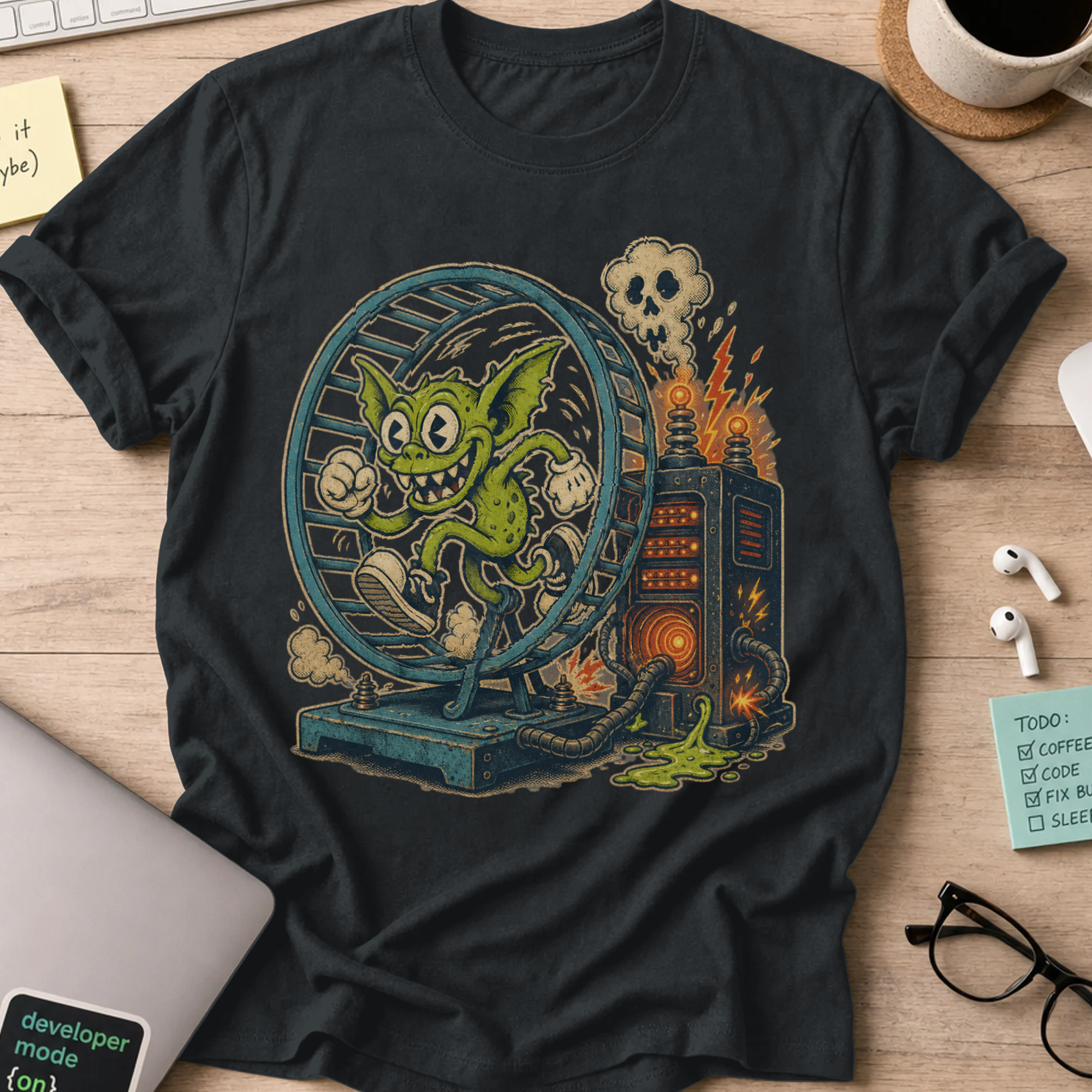 Gremlin in the Hamster Wheel Shirt — Black storefront mockup