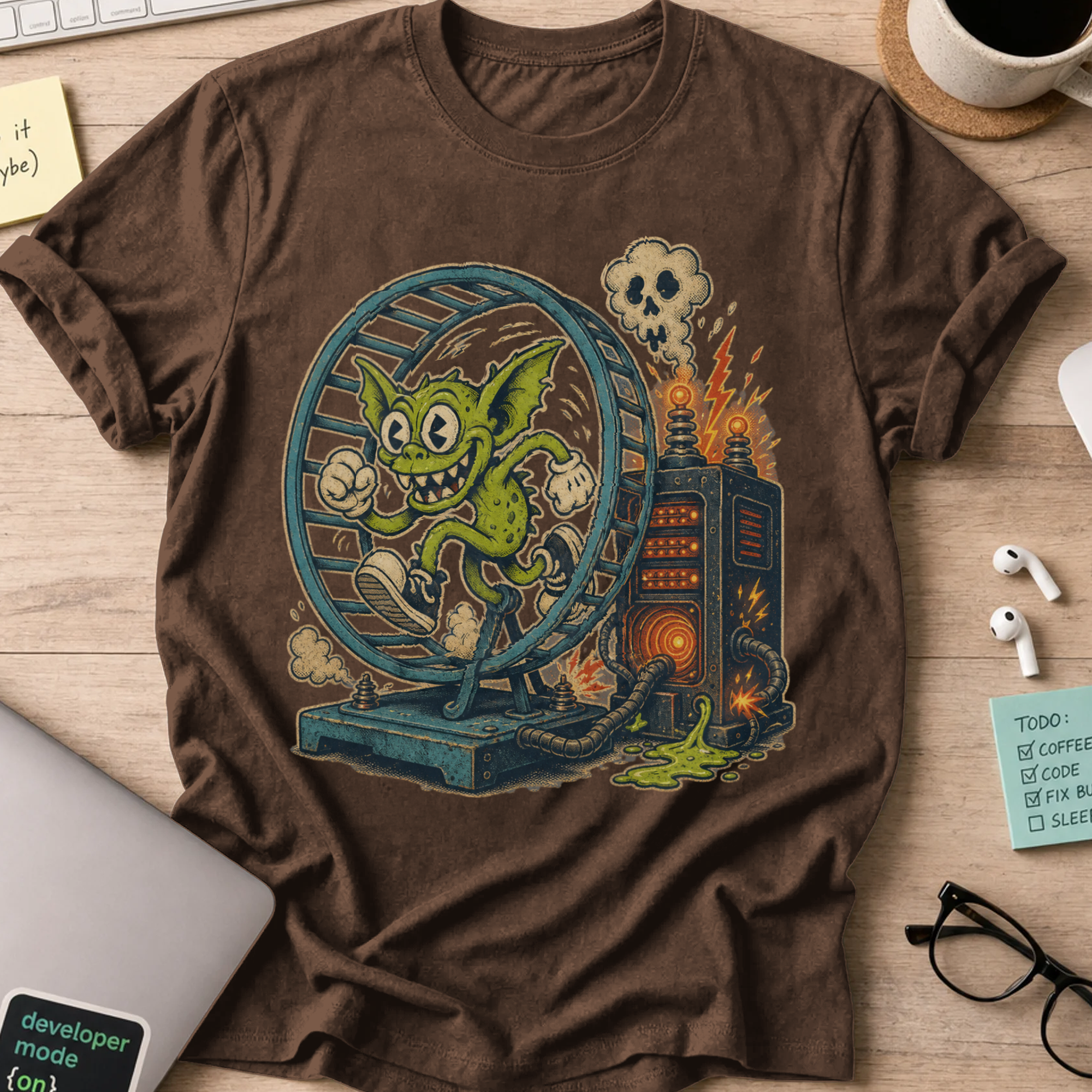Gremlin in the Hamster Wheel Shirt — Dark Chocolate storefront mockup