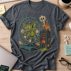Gremlin in the Hamster Wheel Shirt — Dark Heather storefront mockup
