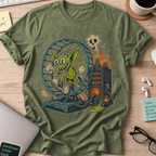 Gremlin in the Hamster Wheel Shirt — Military Green storefront mockup