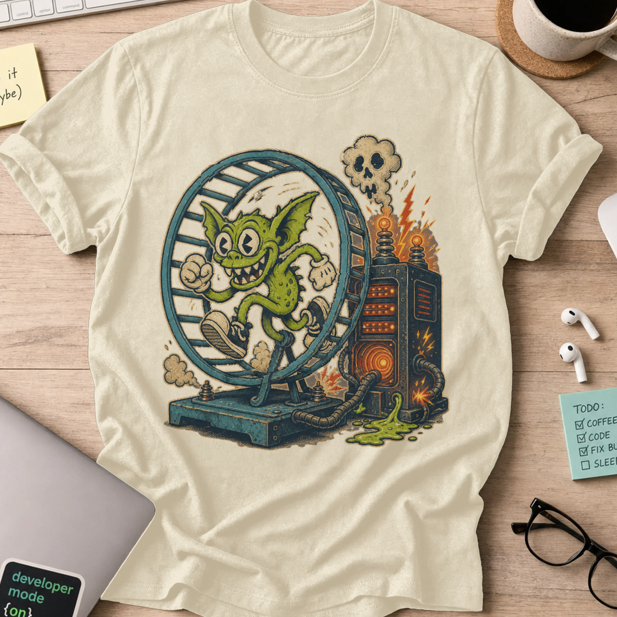 Gremlin in the Hamster Wheel Shirt — Natural storefront mockup