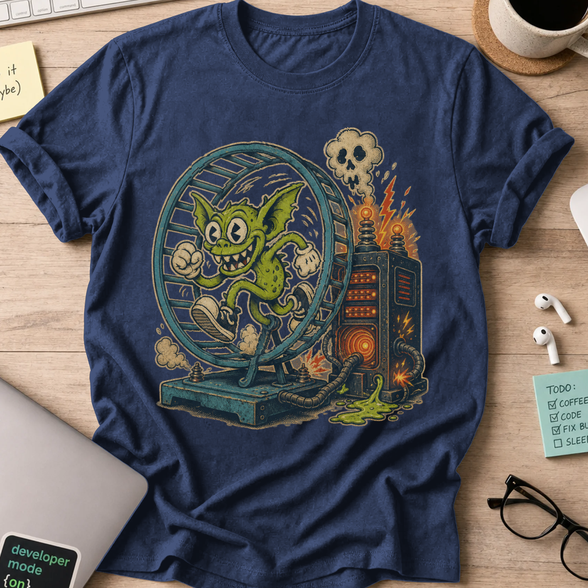 Gremlin in the Hamster Wheel Shirt — Navy storefront mockup