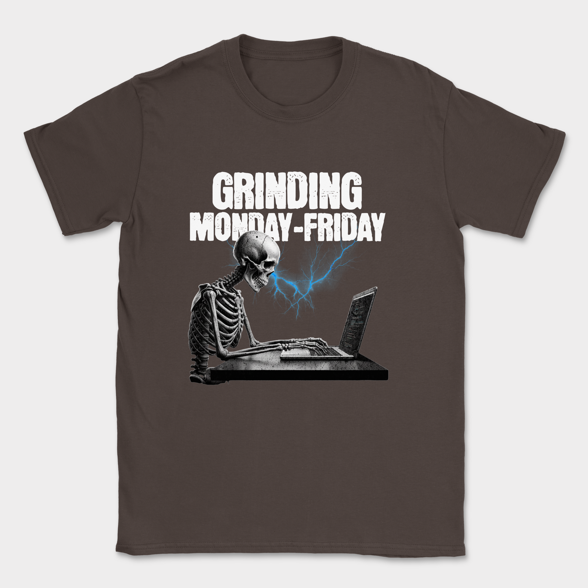 grinding monday to friday skeleton shirt — Dark Chocolate