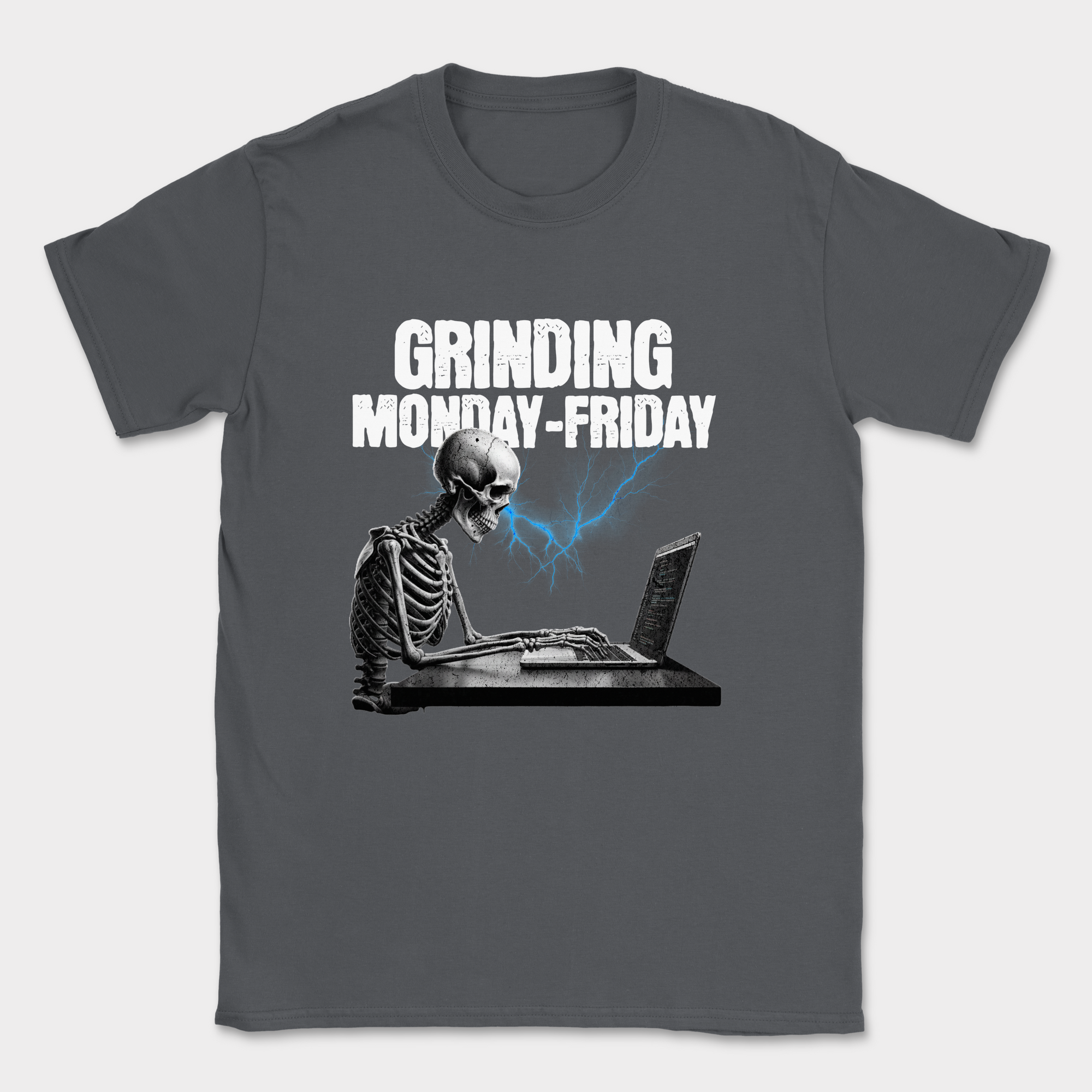 grinding monday to friday skeleton shirt — Dark Heather Grey