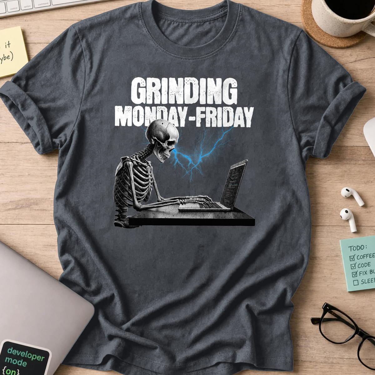 grinding monday to friday skeleton shirt - Dark Heather