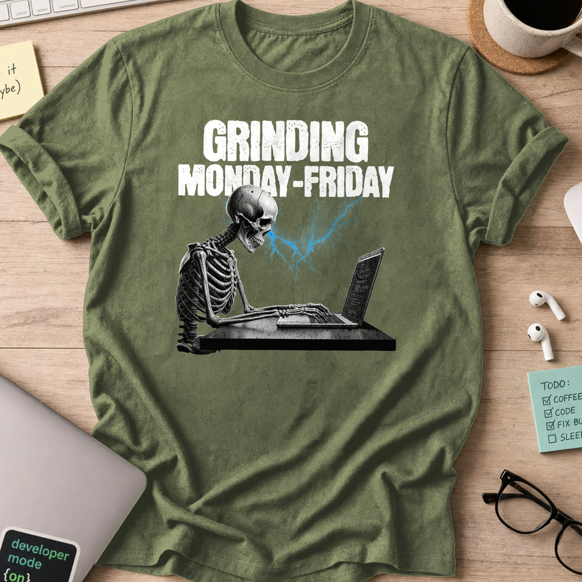grinding monday to friday skeleton shirt - Military Green