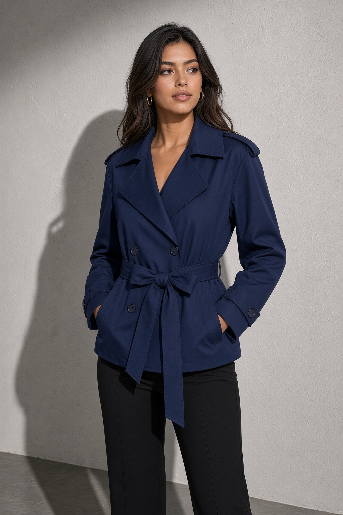 Women's Coat Belted Trench Double-Breasted Front
