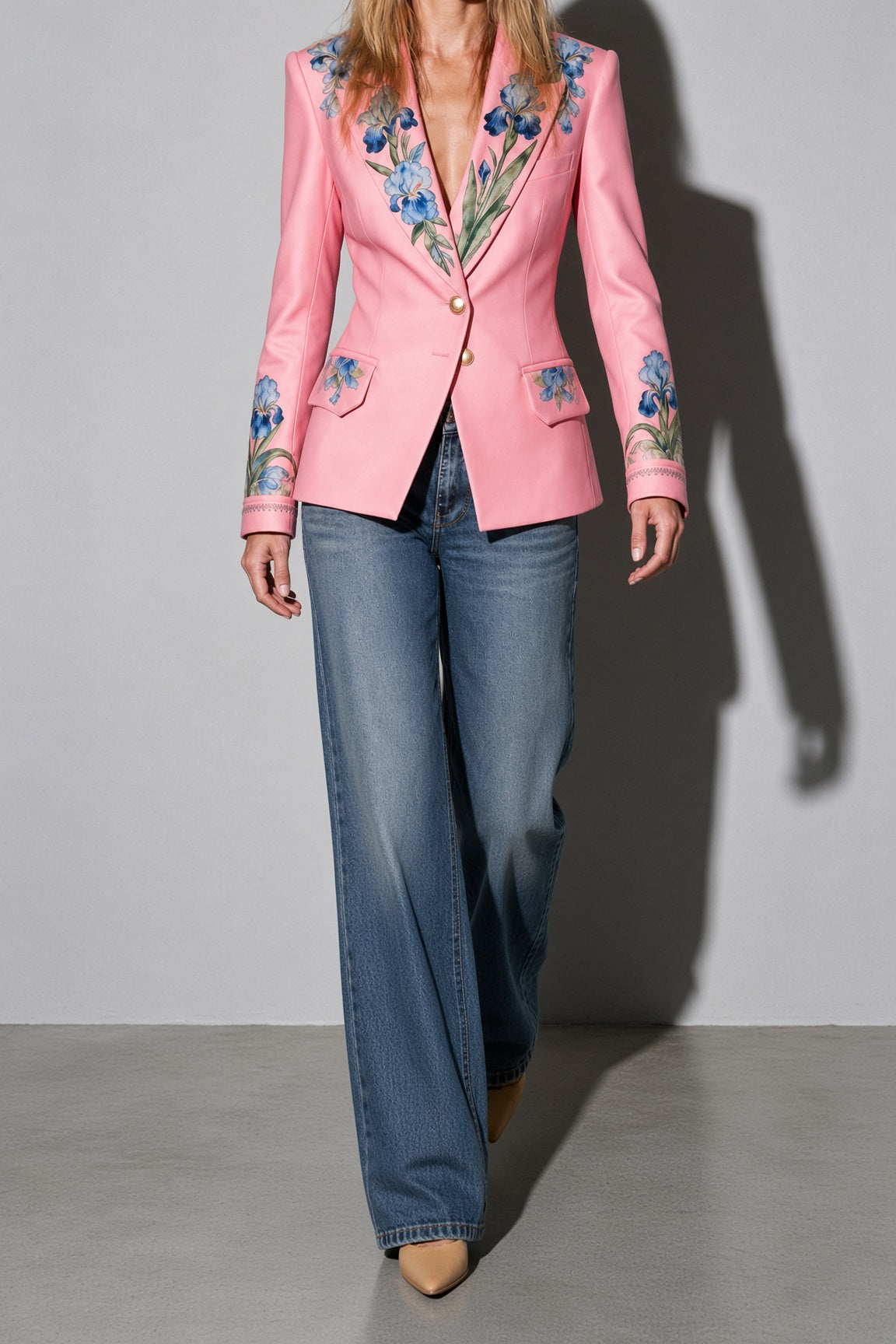 Women's Velvet Tailored Blazer with Blue Iris Floral Print & Peak Lapels