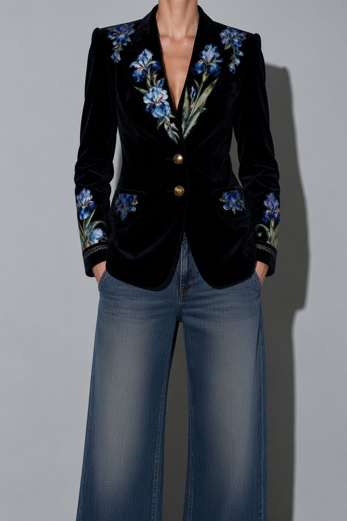 Women's Velvet Tailored Blazer with Blue Iris Floral Print & Peak Lapels