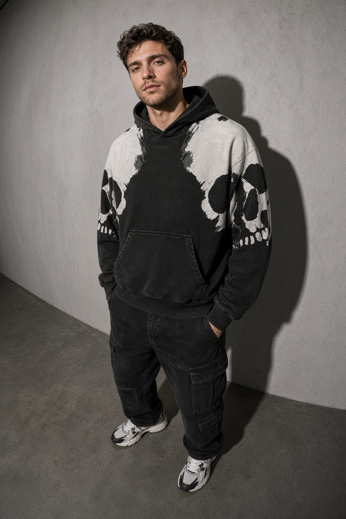 Twin skull colorblock men's black hoodie, zoom-detail view