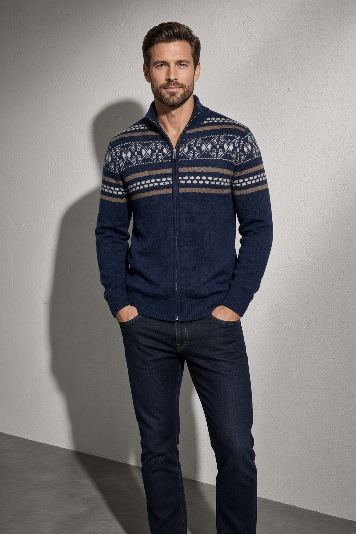 Men's Cardigan Fair Isle Zip-Up Front