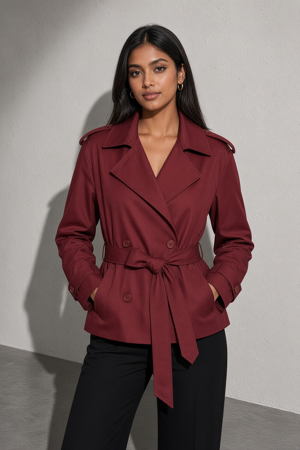 Women's Coat Belted Trench Double-Breasted Front