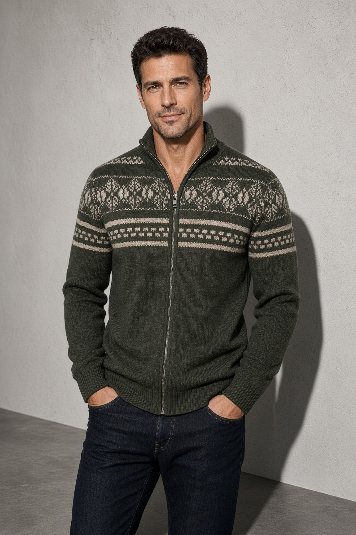 Men's Cardigan Fair Isle Zip-Up Front