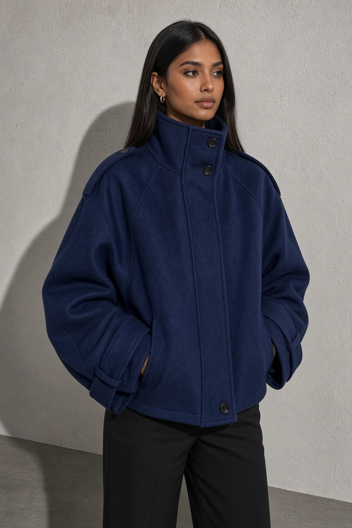 Maia | Women's High Neck Button Front Wool Blend Jacket