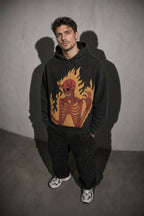 Flaming skeleton men's black hoodie, zoom-detail view