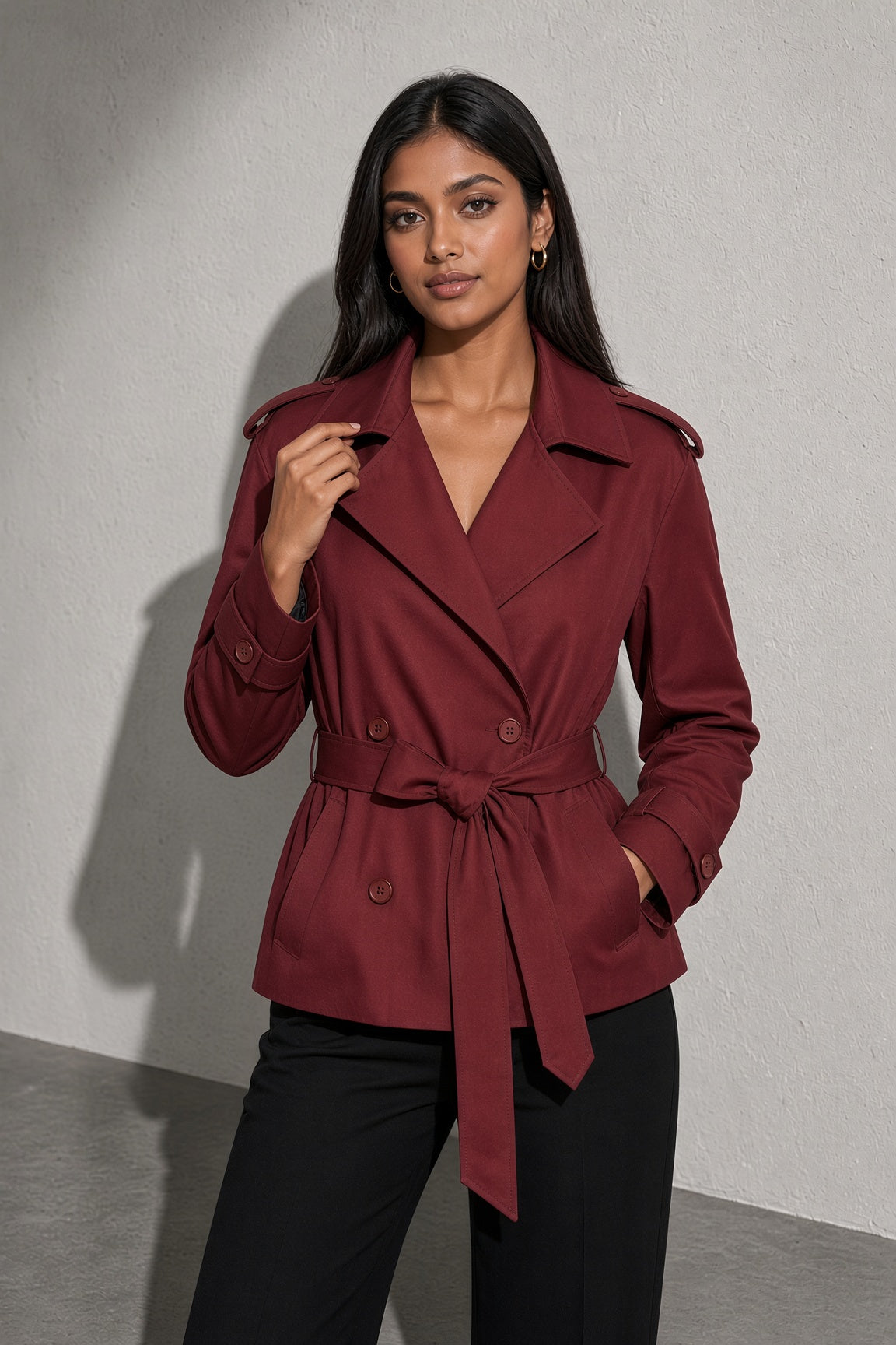 Women's Coat Belted Trench Double-Breasted Front