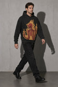 Flaming skeleton men's black hoodie, full-body view