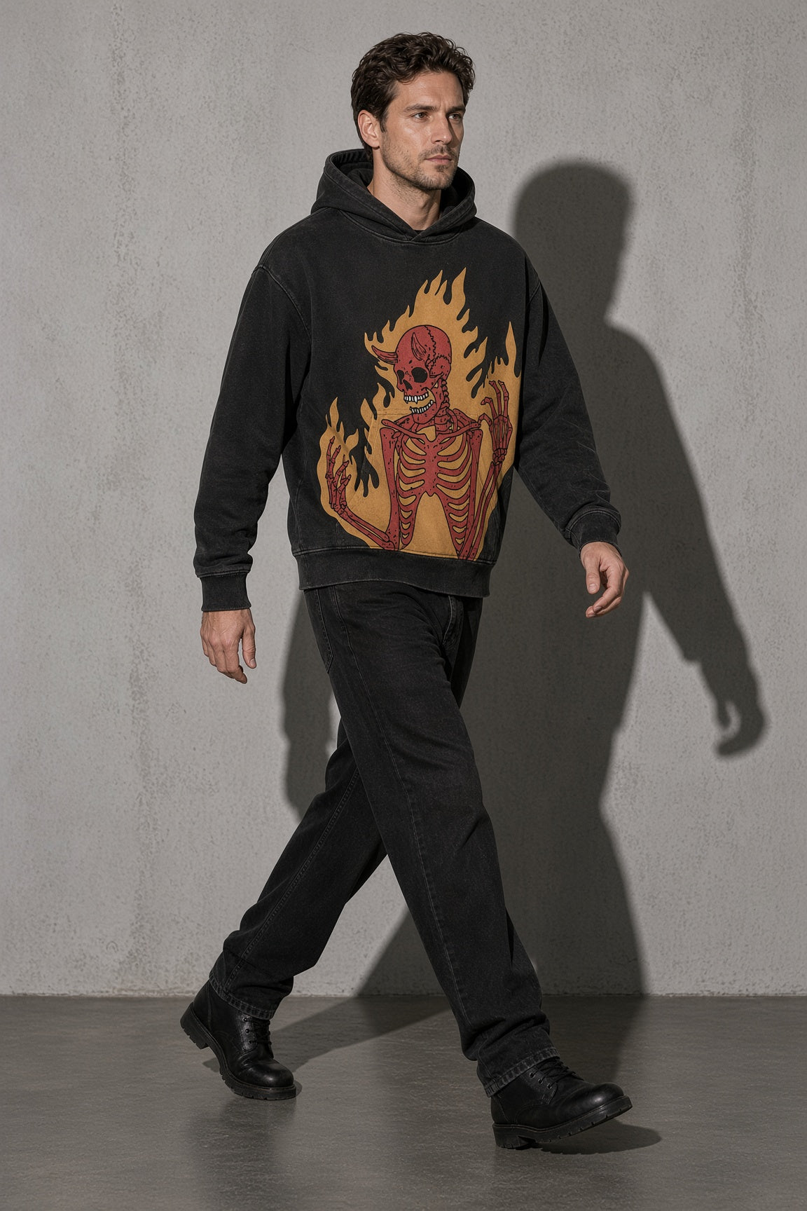 Flaming skeleton men's black hoodie, full-body view