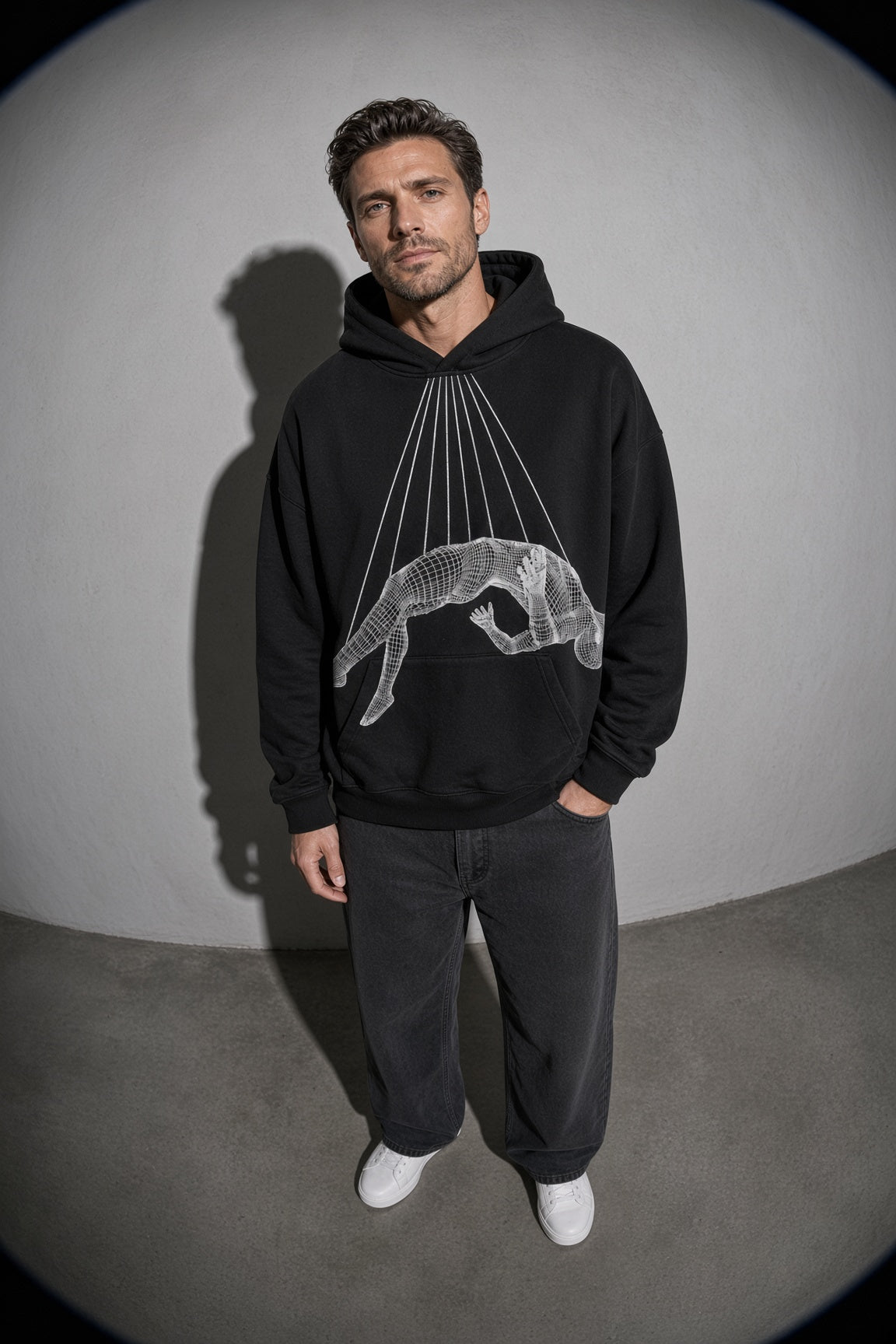Men's black wireframe figure graphic hoodie full-body view
