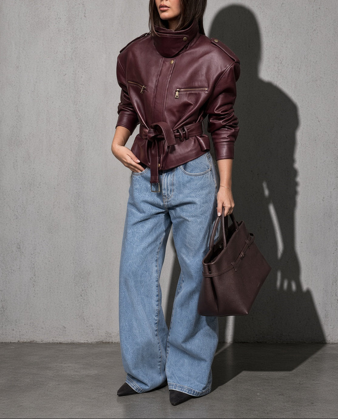 Women's Burgundy Faux Leather Belted Moto Jacket with High Funnel Neck