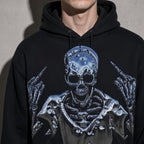 Defiant skeleton hoodie graphic detail on black fleece