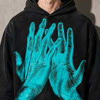 Turquoise ghost hands men's black hoodie, macro design view