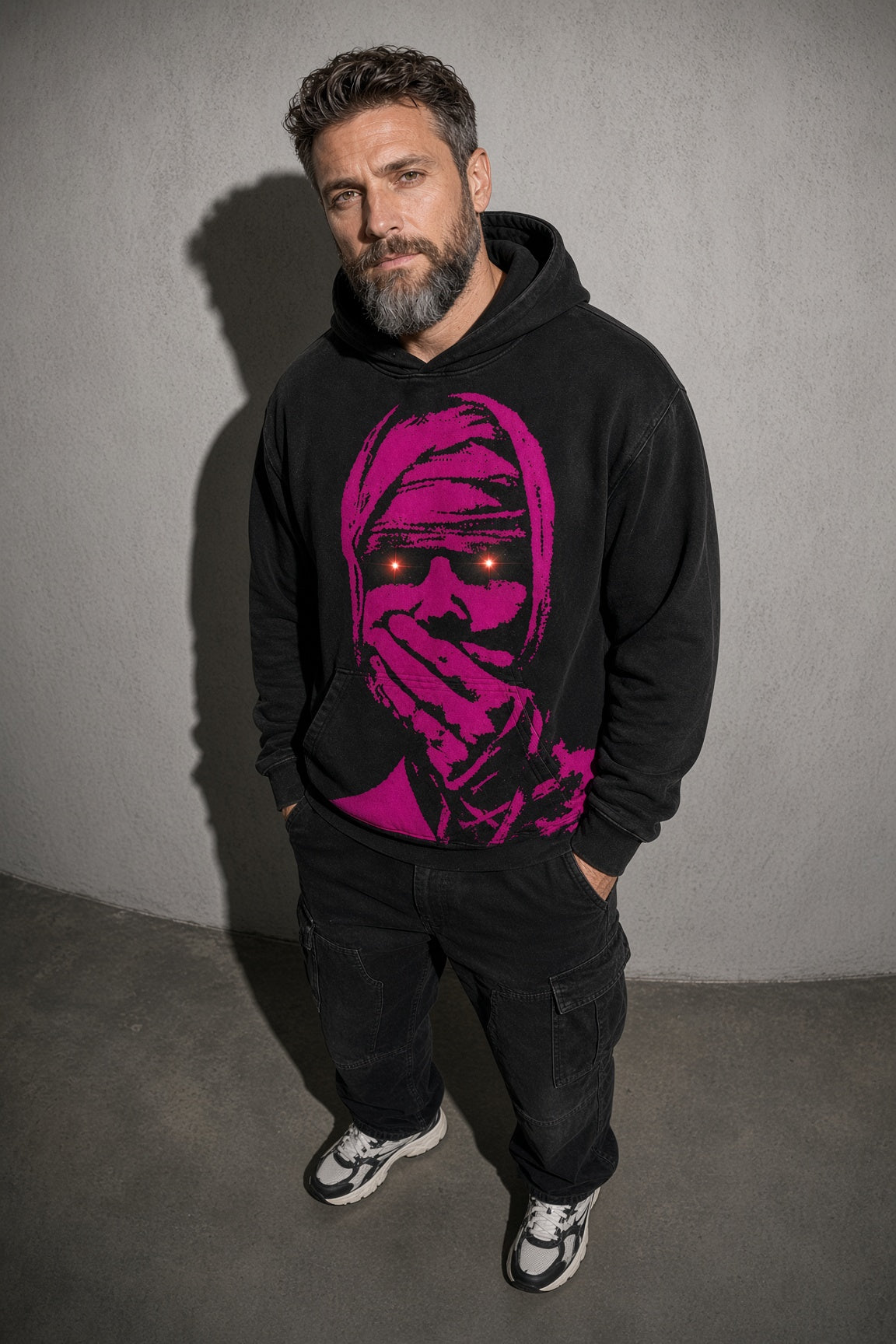 Neon masked face men's black hoodie, zoom-detail view