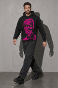 Neon masked face men's black hoodie, full-body view