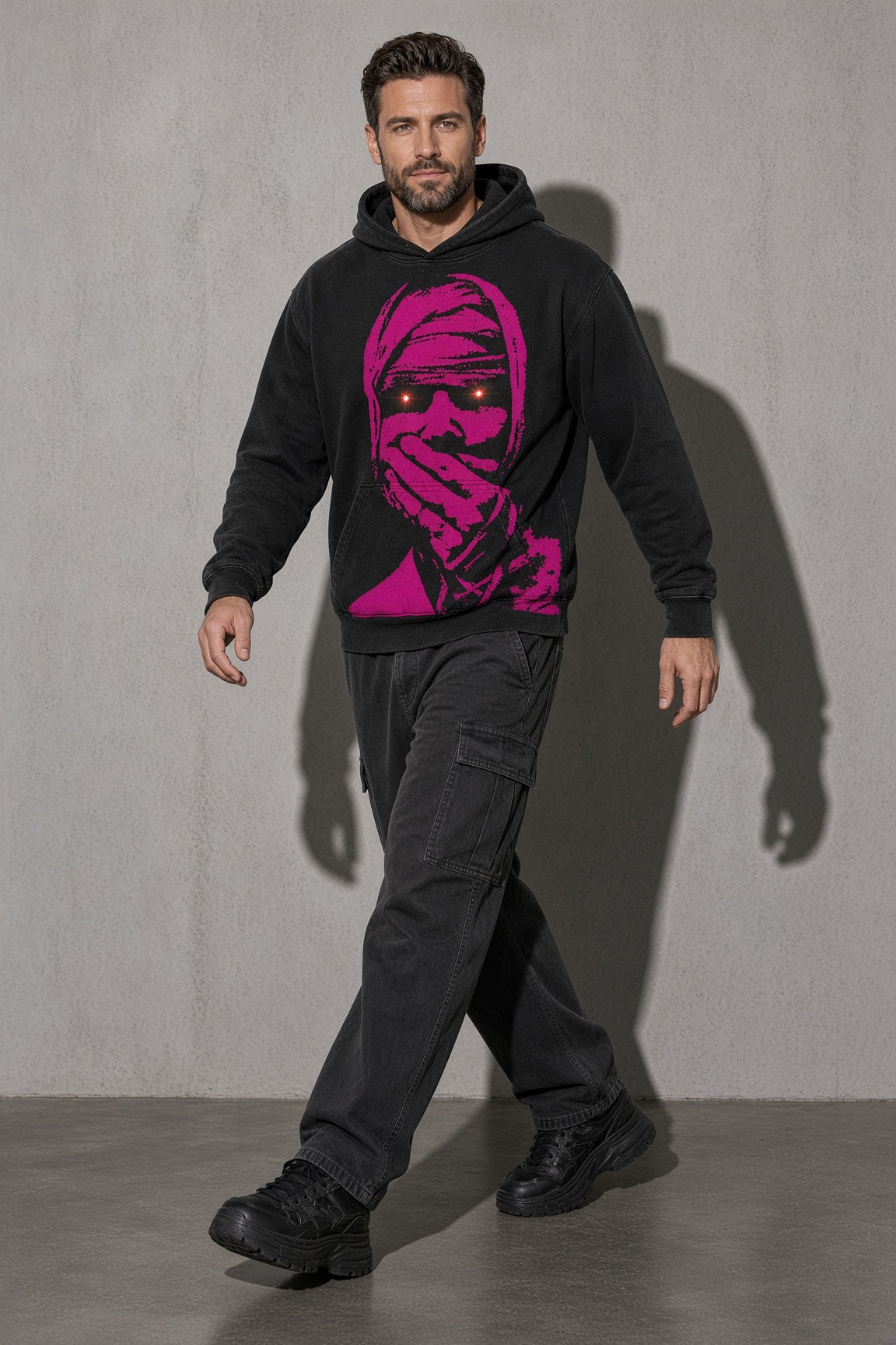 Neon masked face men's black hoodie, full-body view
