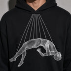 Wireframe figure hoodie graphic detail on black fleece